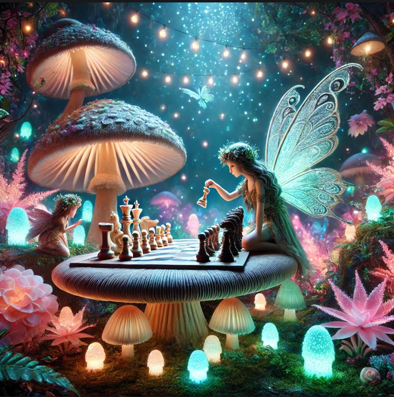 Fairies playing chess on a giant mushroom, surrounded by a m...