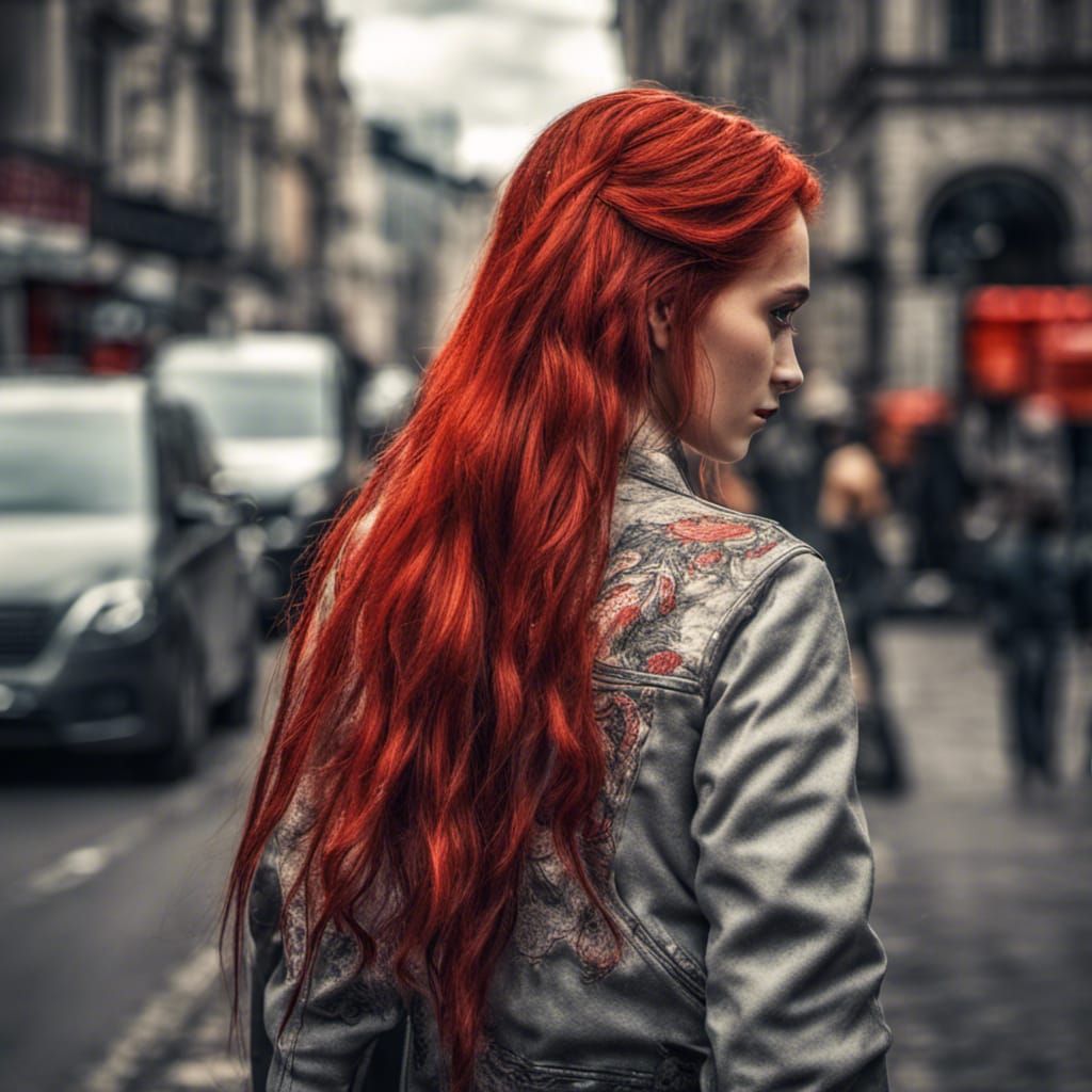 A girl with long bright red hair from the back on the street