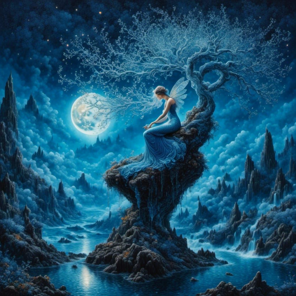 Lunar Fairy on Rocky Shore in Photorealistic Style