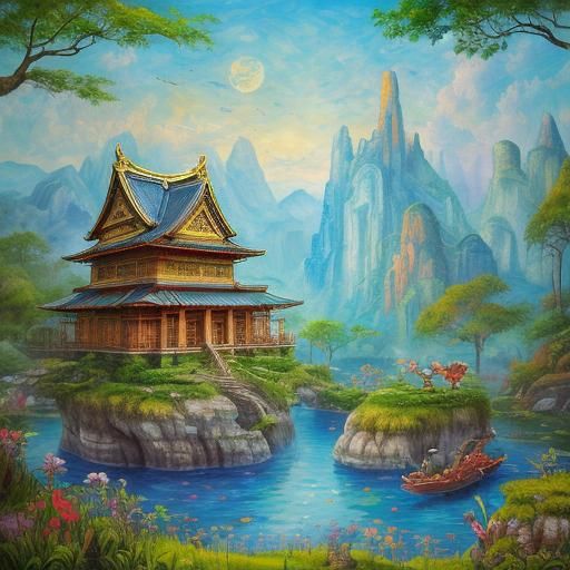 Prehistoric Temple with Creatures: Neo-Impressionist Oil Pai...