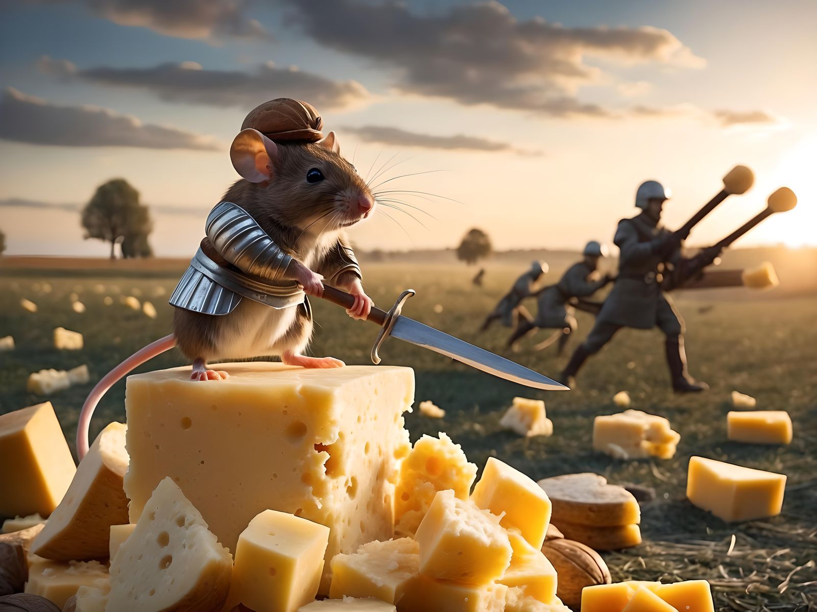 Determined mouse warrior standing atop a crumbling Emmental cheese tower