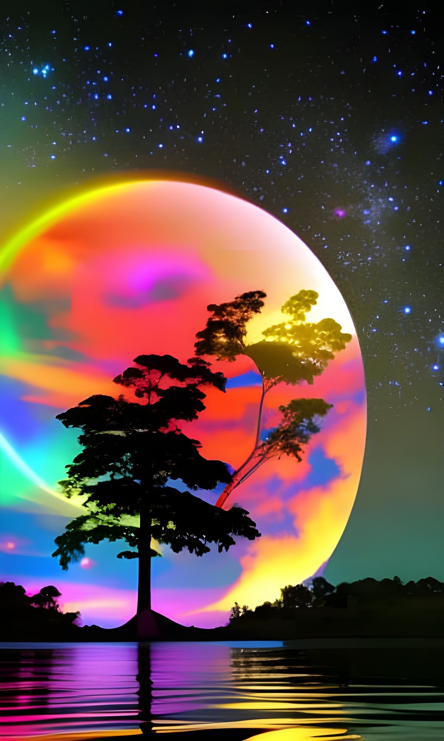 Beautiful colorful moon on a river bank   by @Poppie31