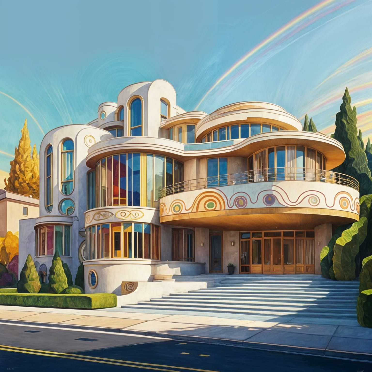 Modern house, stretched with curved lines, in a  art deco style - Gustav Klimt, Poul Klee - saturated ...  by @tenger65