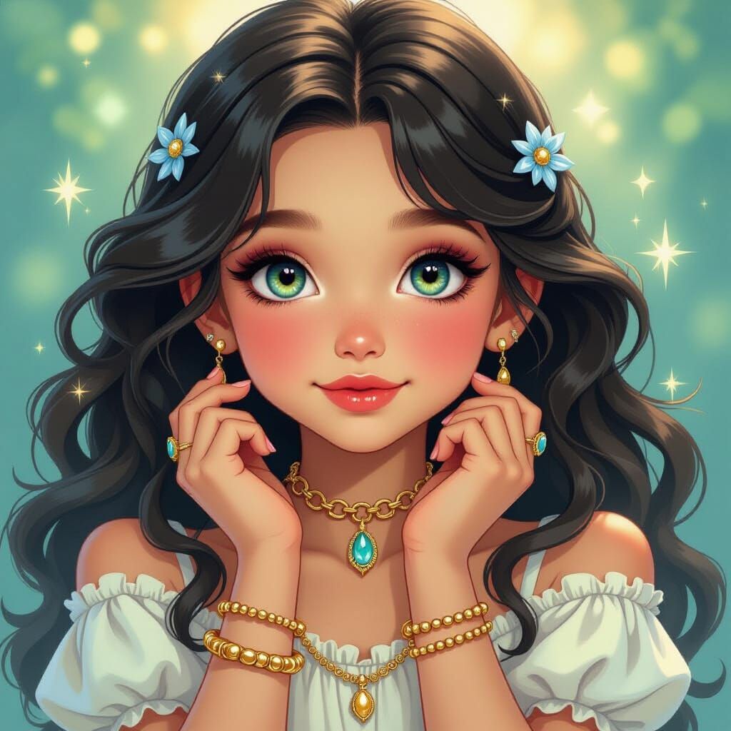 Enchanting Girl with Sparkling Eyes and Jewelry