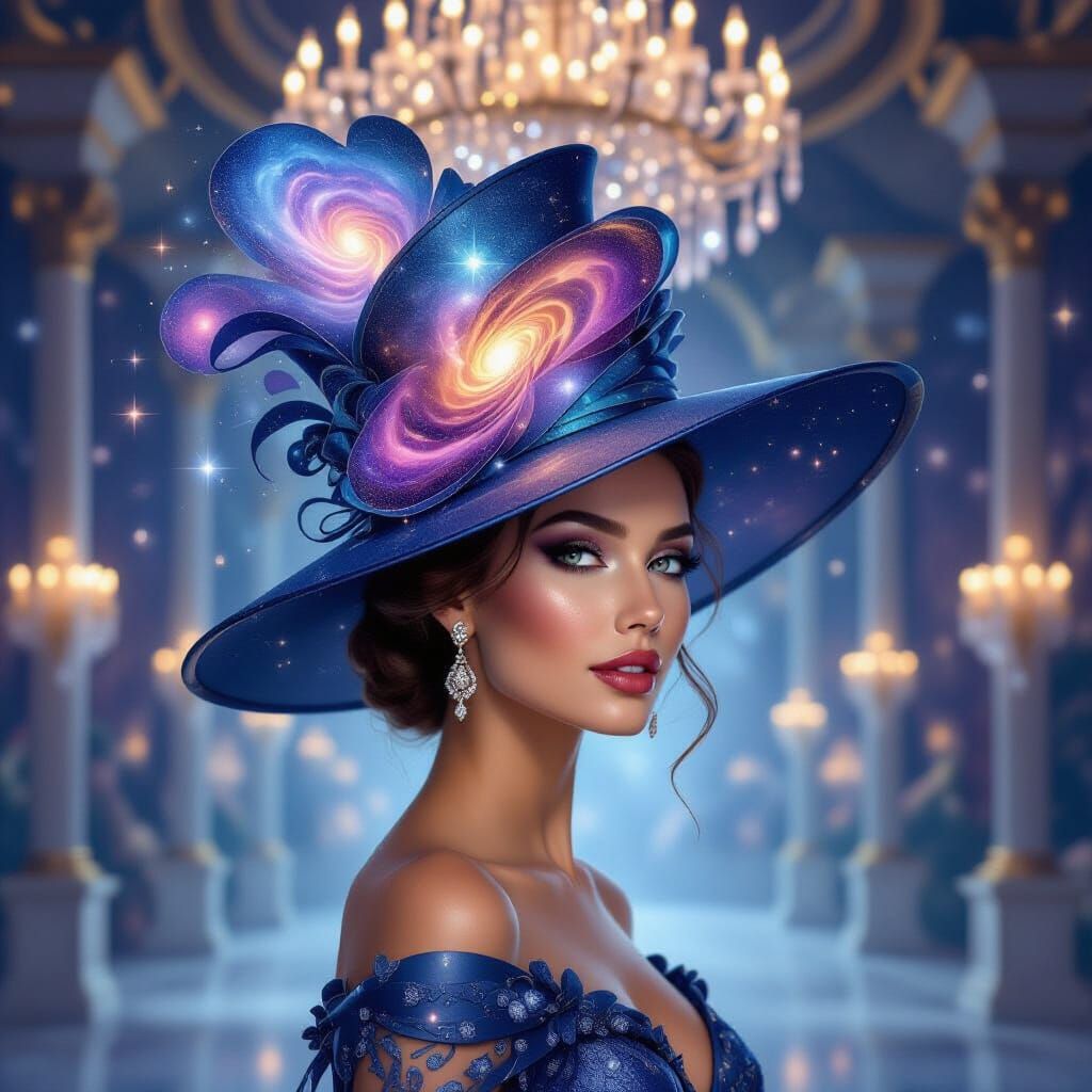 A regal woman sporting an elaborate hat constructed entirely from swirling galaxies and nebulae, emitting ...  by @Lilit