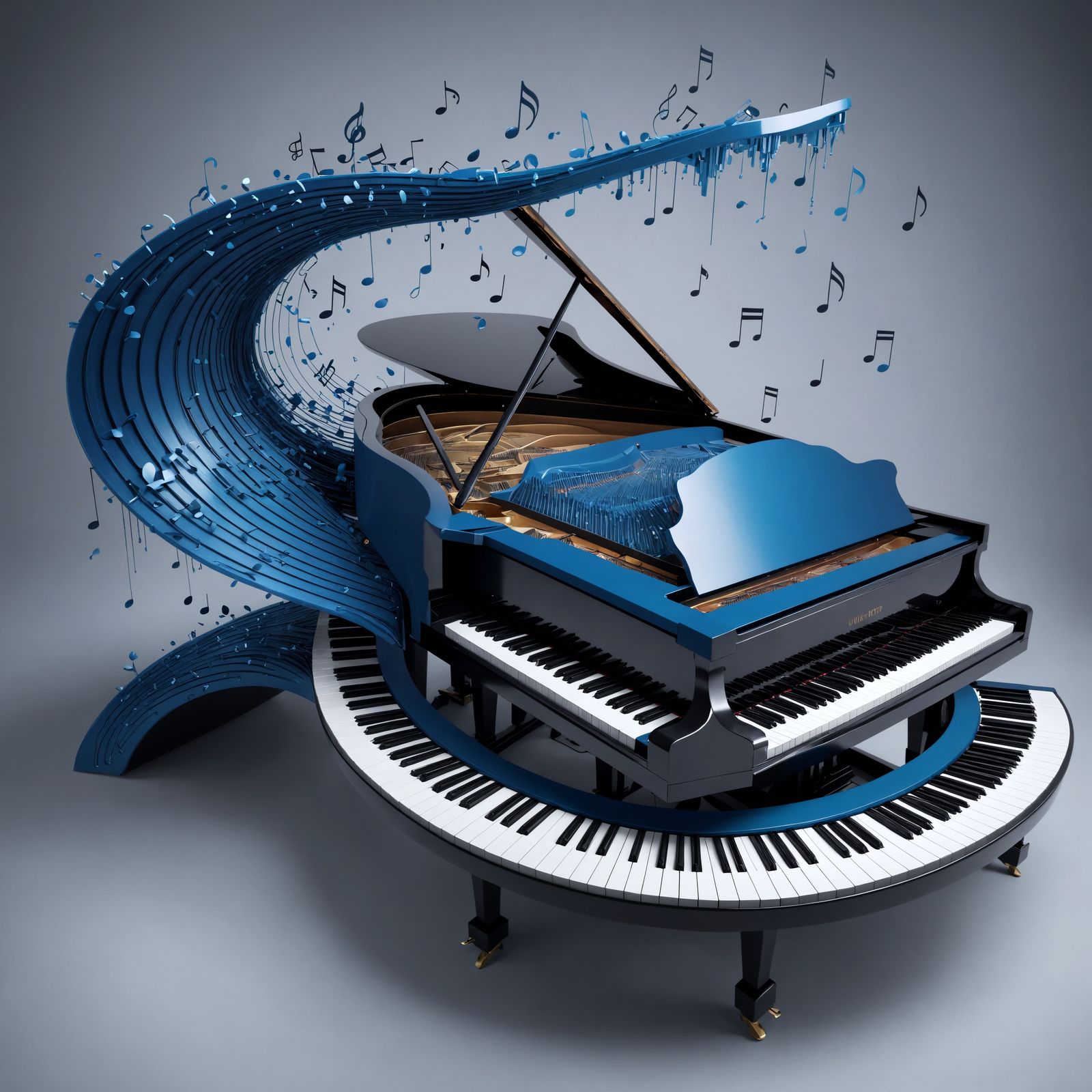 Blue creation, colour tone of blues, A creative surreal grand piano keyboard, flowing in the shape of a sound wave, keys...