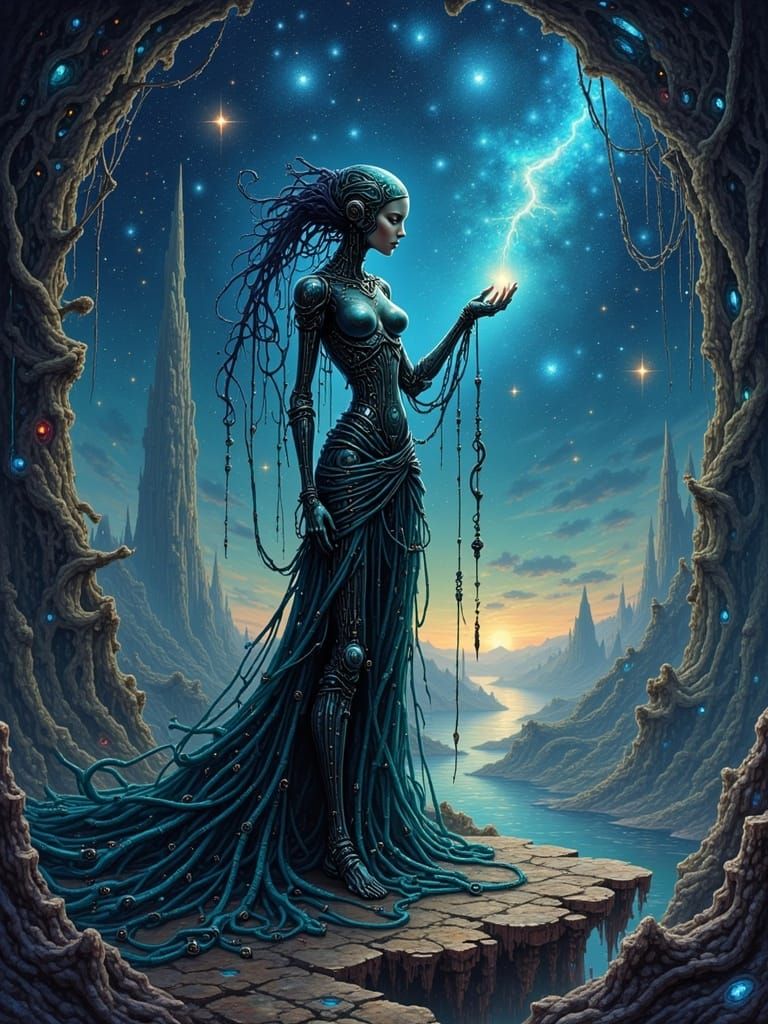 an Android woman singing a song in a alien world  