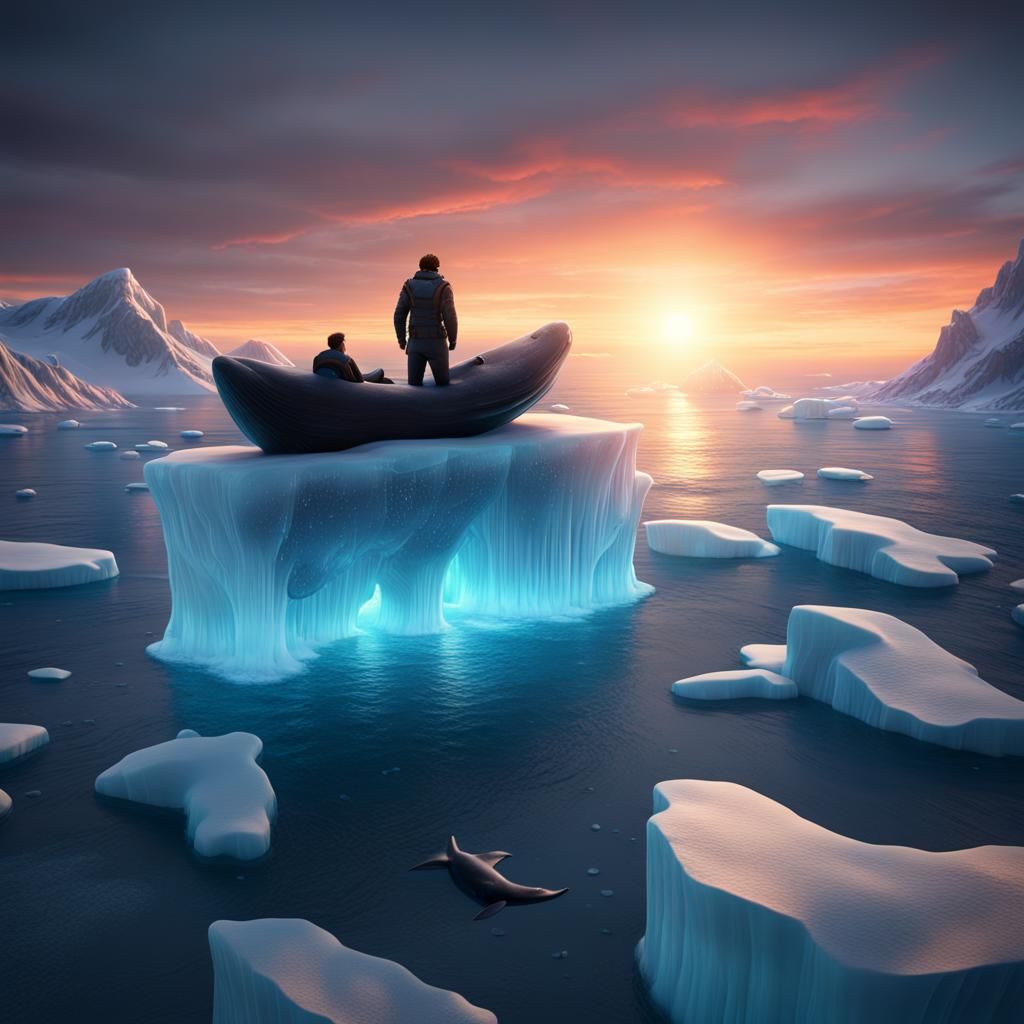 A men lay on ice berg in a ocean with whale watching sunset ...