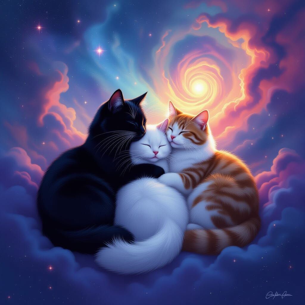 a black cat and a white cat and a calico cat and a tabby cat in space all cuddling 