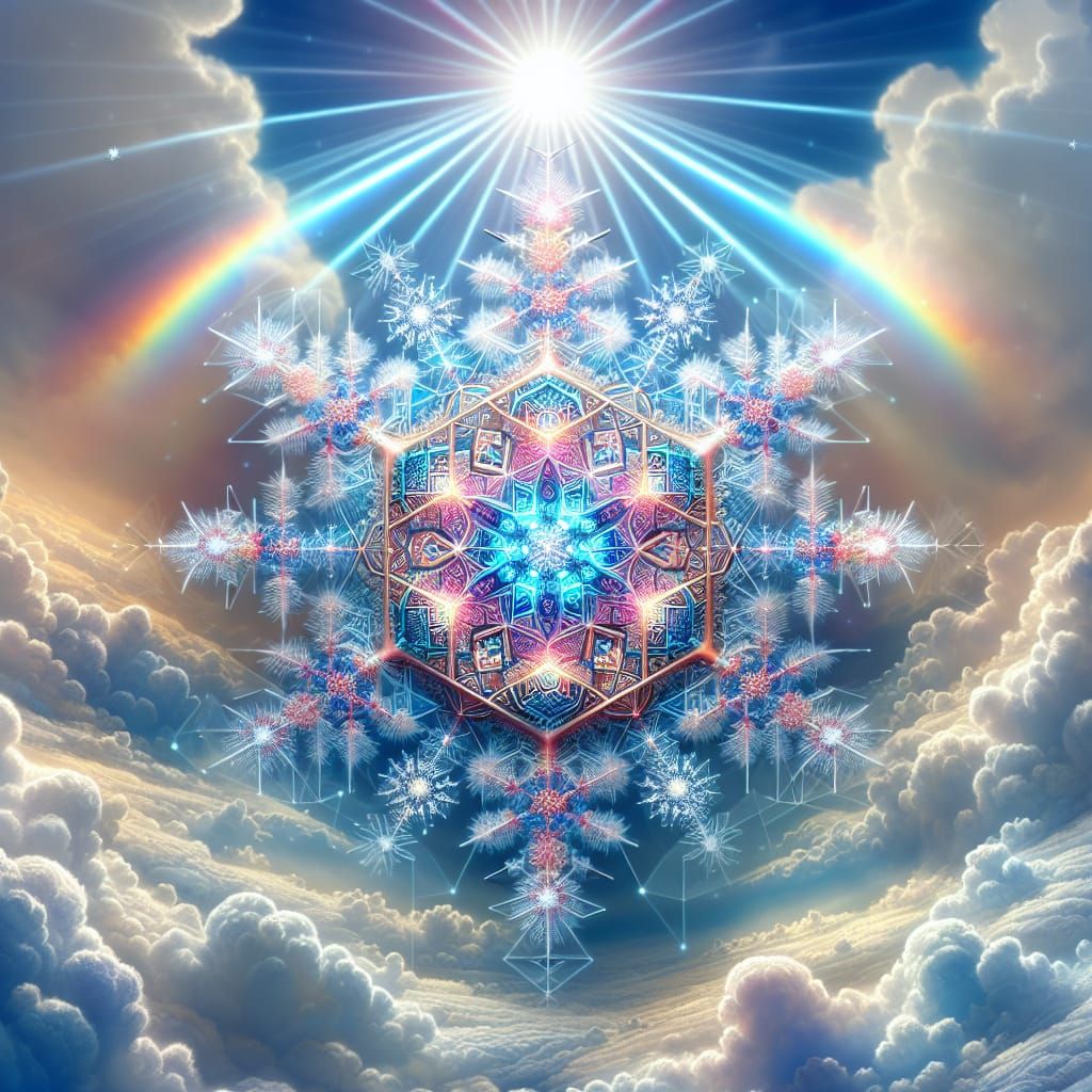 Zoomed in snowflake with sacred geometry, vibrant colors, fa...