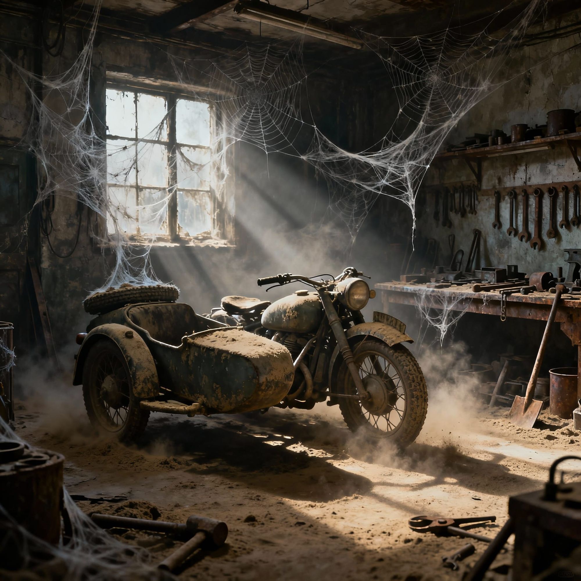 a very  old motorcycle with sidecar in an old  Werkstatt , covered with spirder webs.  Staub am Boden und auf der Werknbank. Werkzeiug verro...