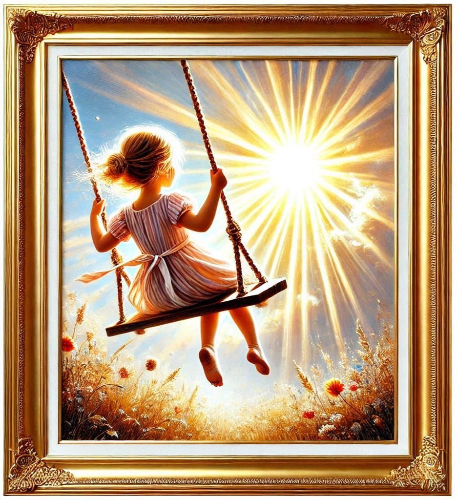 Painting of a girl swinging in a frame.