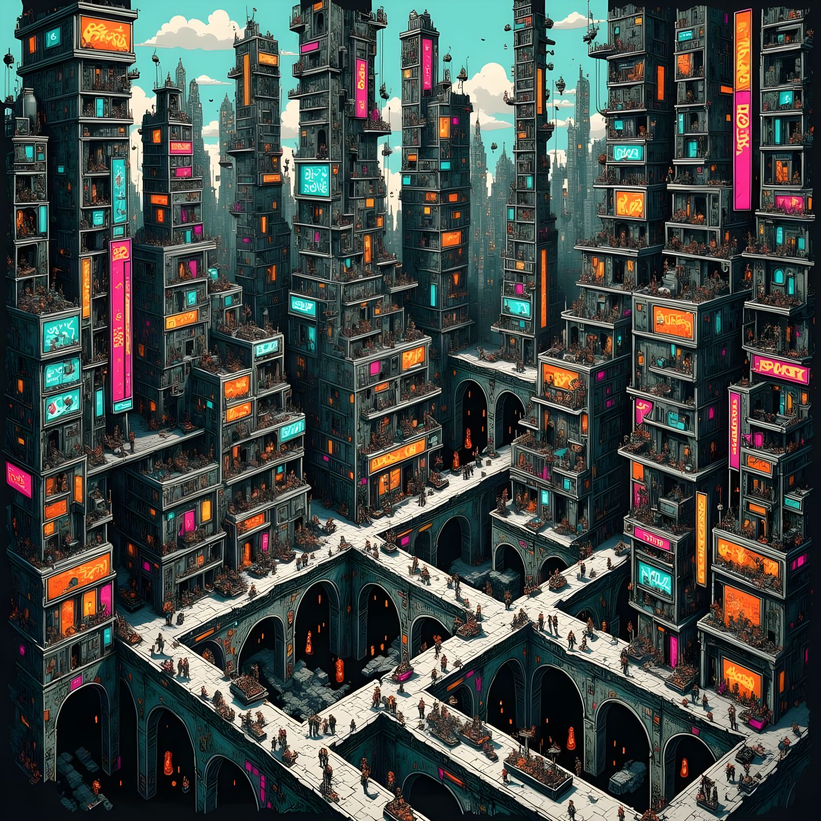 <lora:Isometric-art:1.0> 3D isometric wasteland, debauchery. Graffiti, brothels, multi-storied 