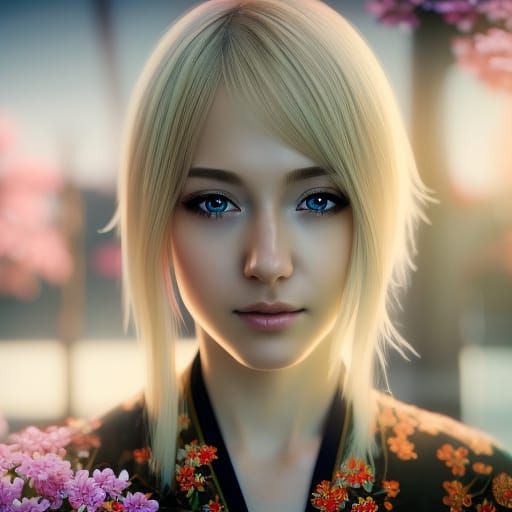 Beautiful blonde haired young woman in kimono, beautiful fac...