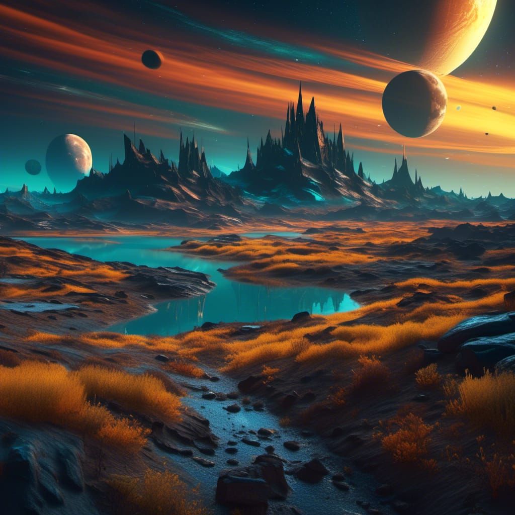 Cosmic landscape at night.

stars and auroras are visible in the night sky.

Full supermoon is prominent in the background on the horizon....