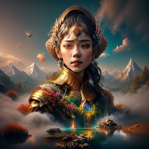 Warrior amazonian woman by moebius; landscape elephants on snow valley by Louis Royo....