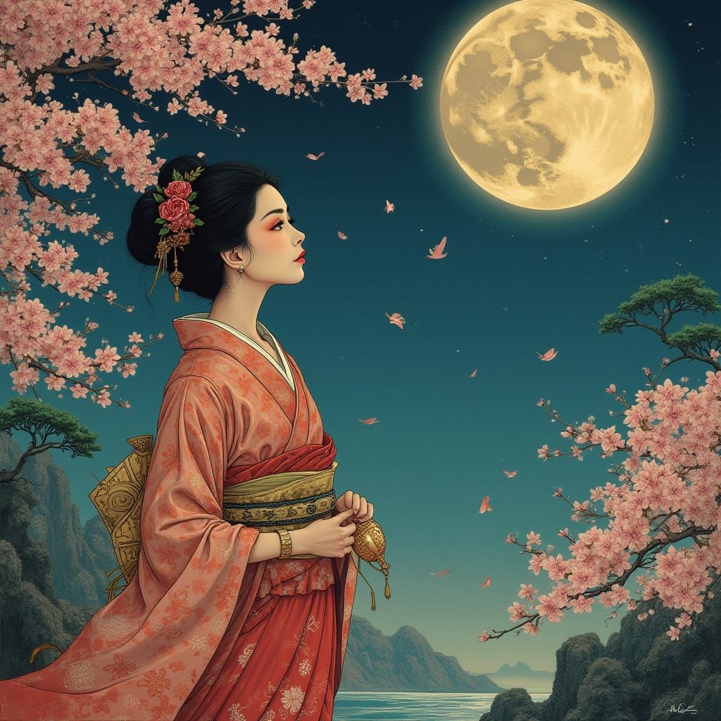 Dreamy Woman Under Cherry Blossoms at Full Moon
