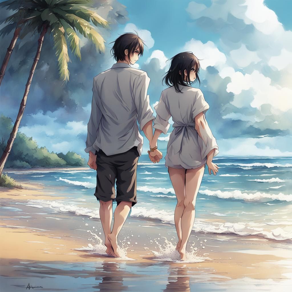 wet man and woman they walk on the beach holding hands - AI Generated ...