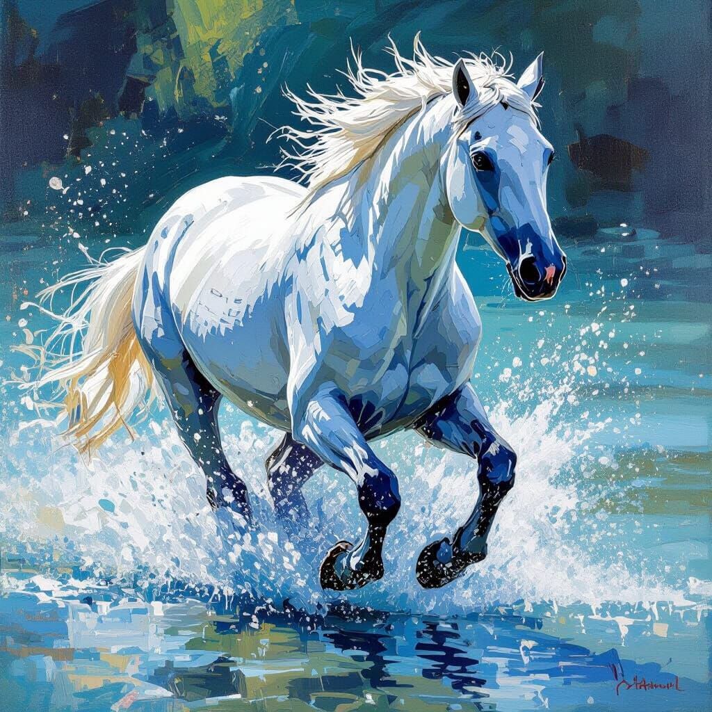 Upclose shot of a beautiful White horse running through water. Painted in Acrillic 