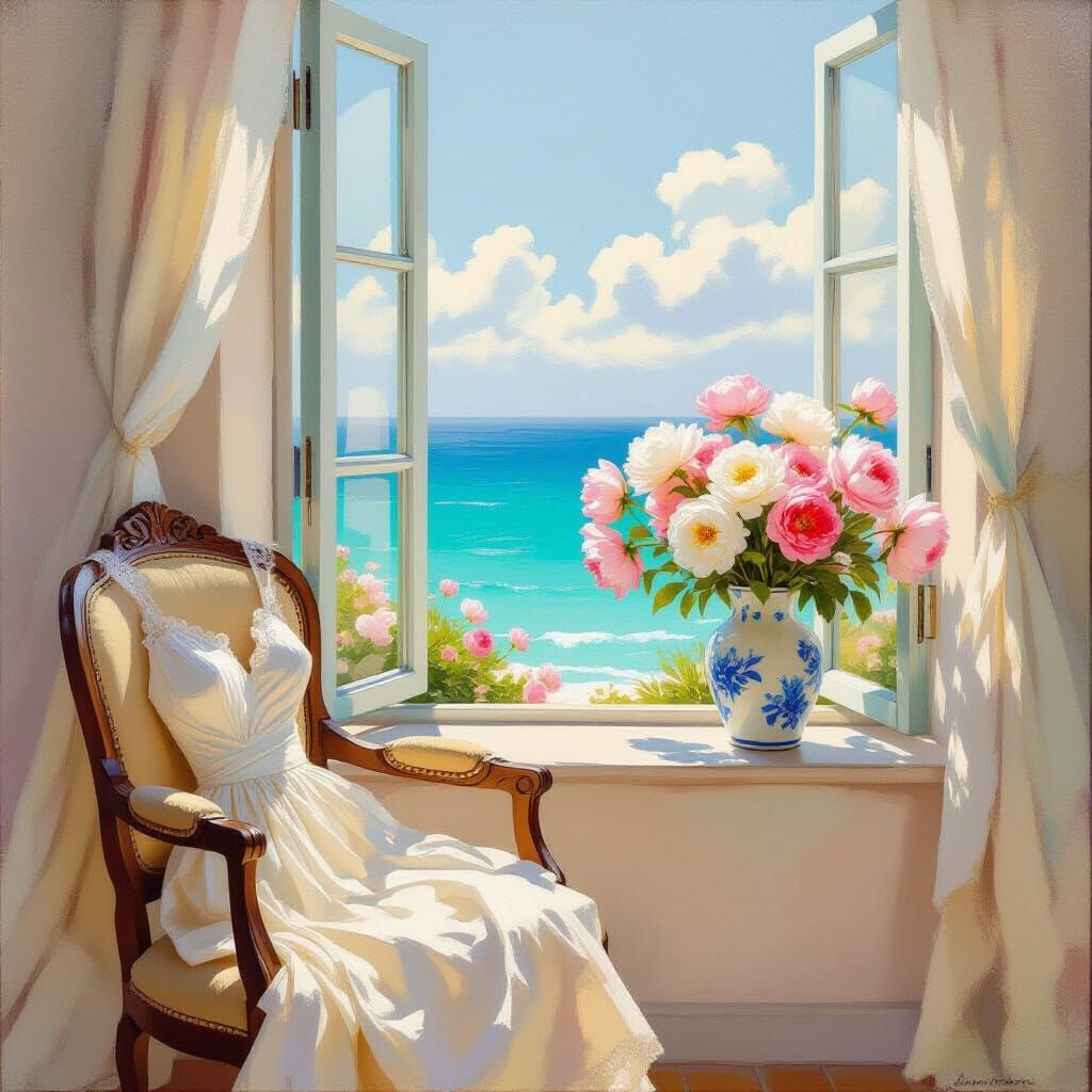 Image. A beautiful room. The window is open. On the windowsill, in a beautiful vase, there is a gorgeous bouquet of delicate pink and white ...