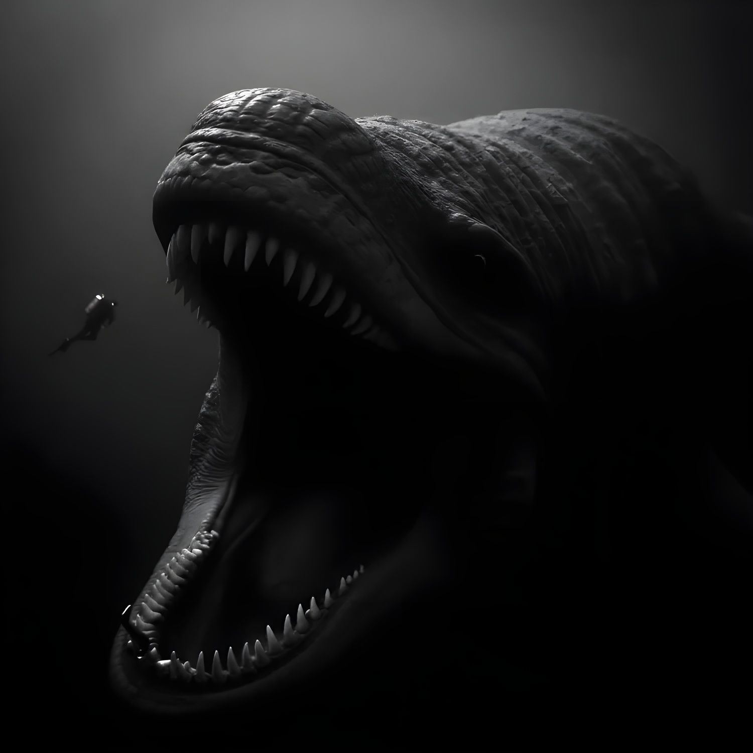 Creepy black and white noir style horror art creation of Evil animal gargantuan size The bloop whale leviathan ready to ...