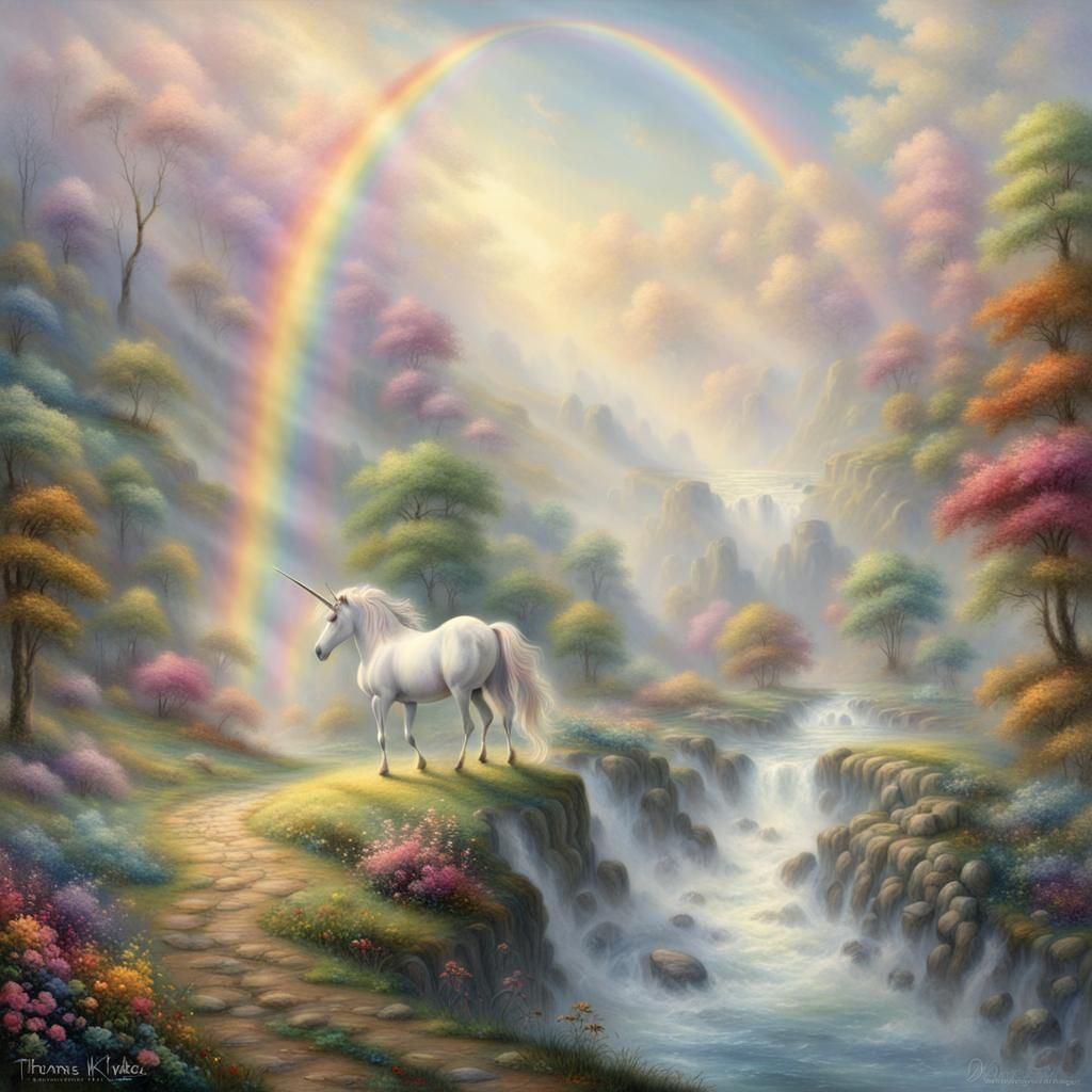 Unicorn crossing a rainbow landscape