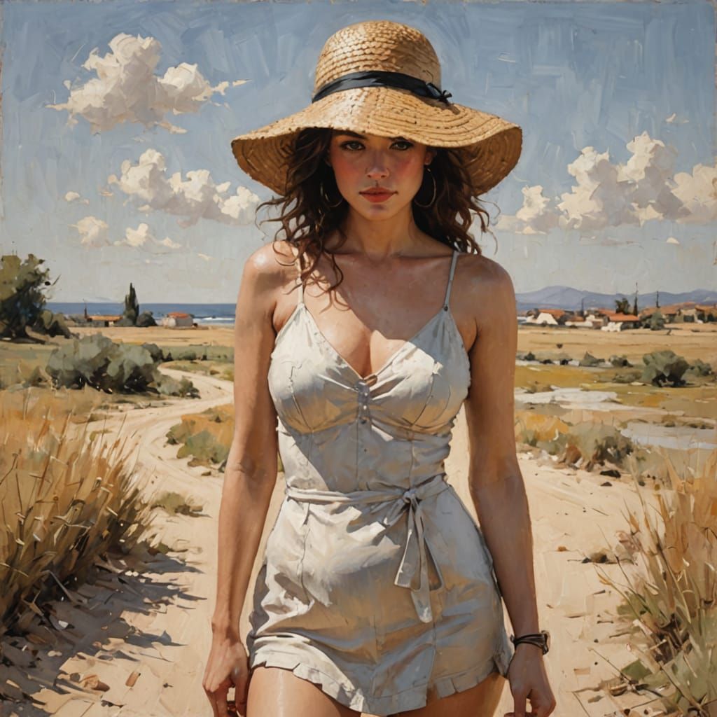 Straw hat woman on a beach