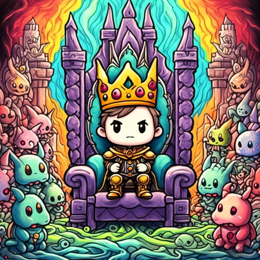 <lora:Crayon Story Book:1.0>crayon art the cool  cute chibi young king in the throne of slime creatures , oil pastel tones, torches,  textur...
