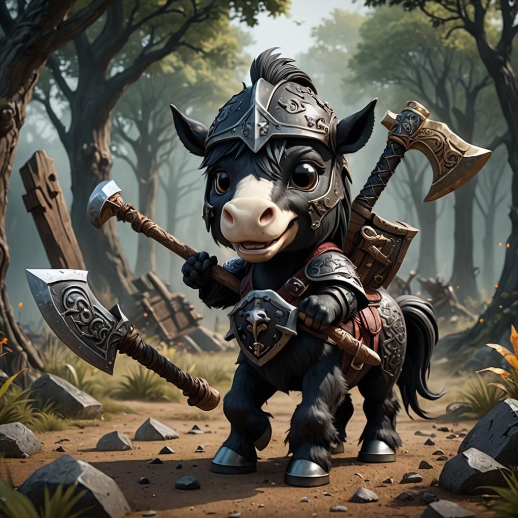 death dealer chibi boy riding a pony holding an axe. detailed matte  painting, deep color, fantastical, intricate detail, splash screen, comp...  - AI Generated Artwork - NightCafe Creator