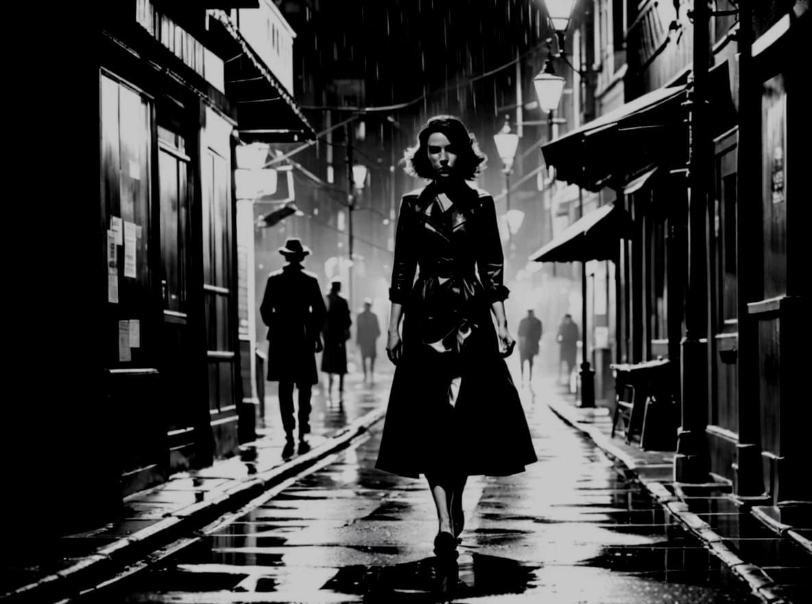black midi dress, alleyway film noir  by @toinou