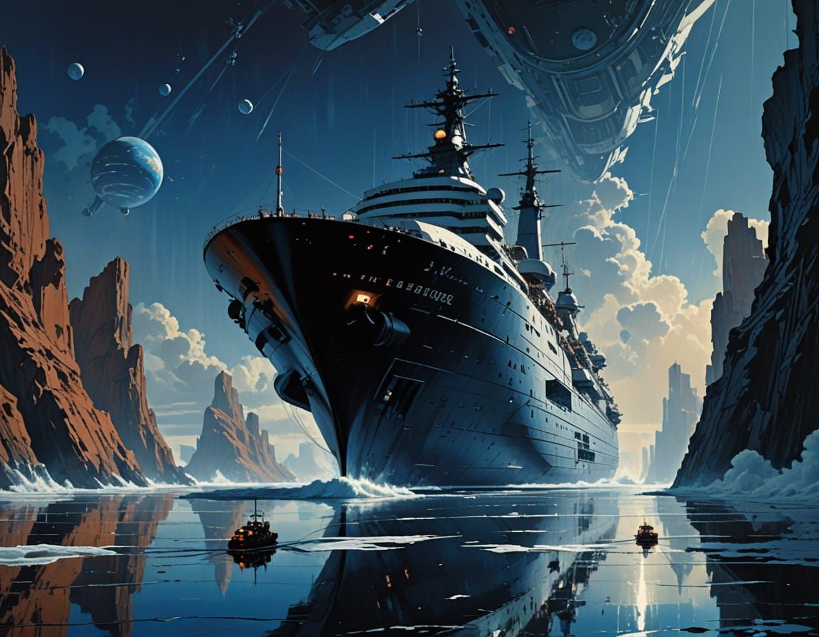 "Giant ship in the distance, highly detailed, dramatic lighting, cinematic perspective, intricate textures, vast scale."