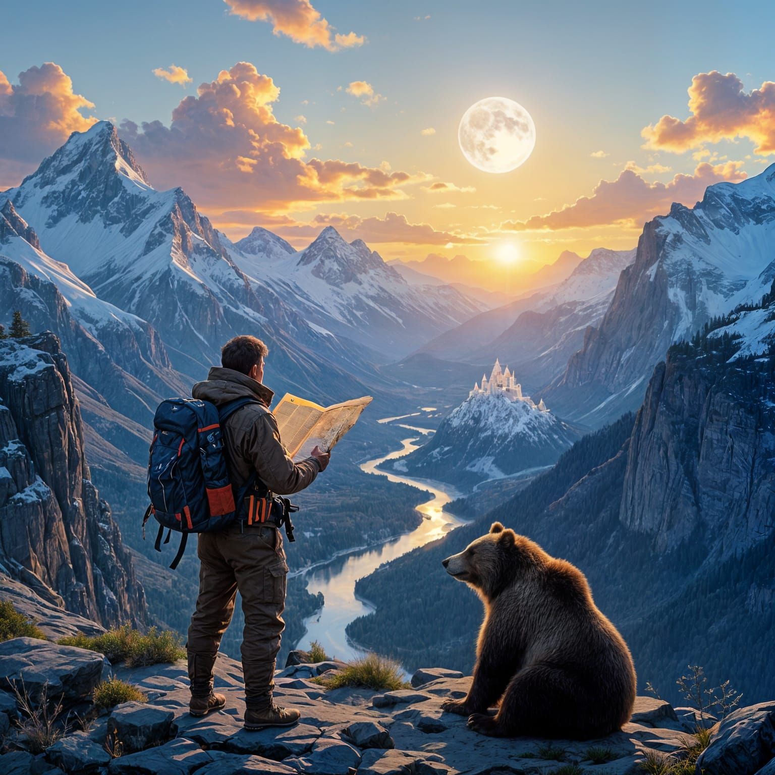 A lone explorer stands on a cliff edge with high mountains on either side, overlooking a vast valley with a river running through it.  The e...