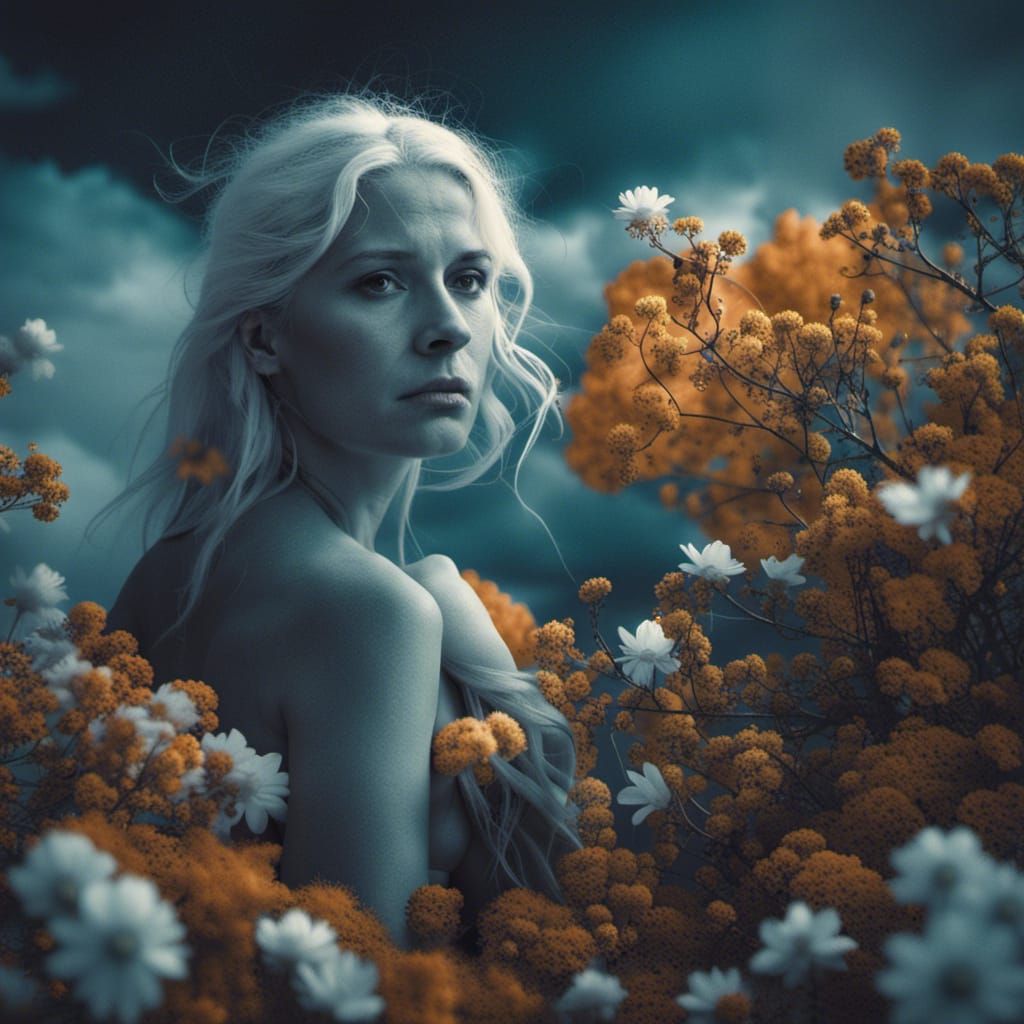 Haunting  infrared photo of a pale white haired fairy like  ...