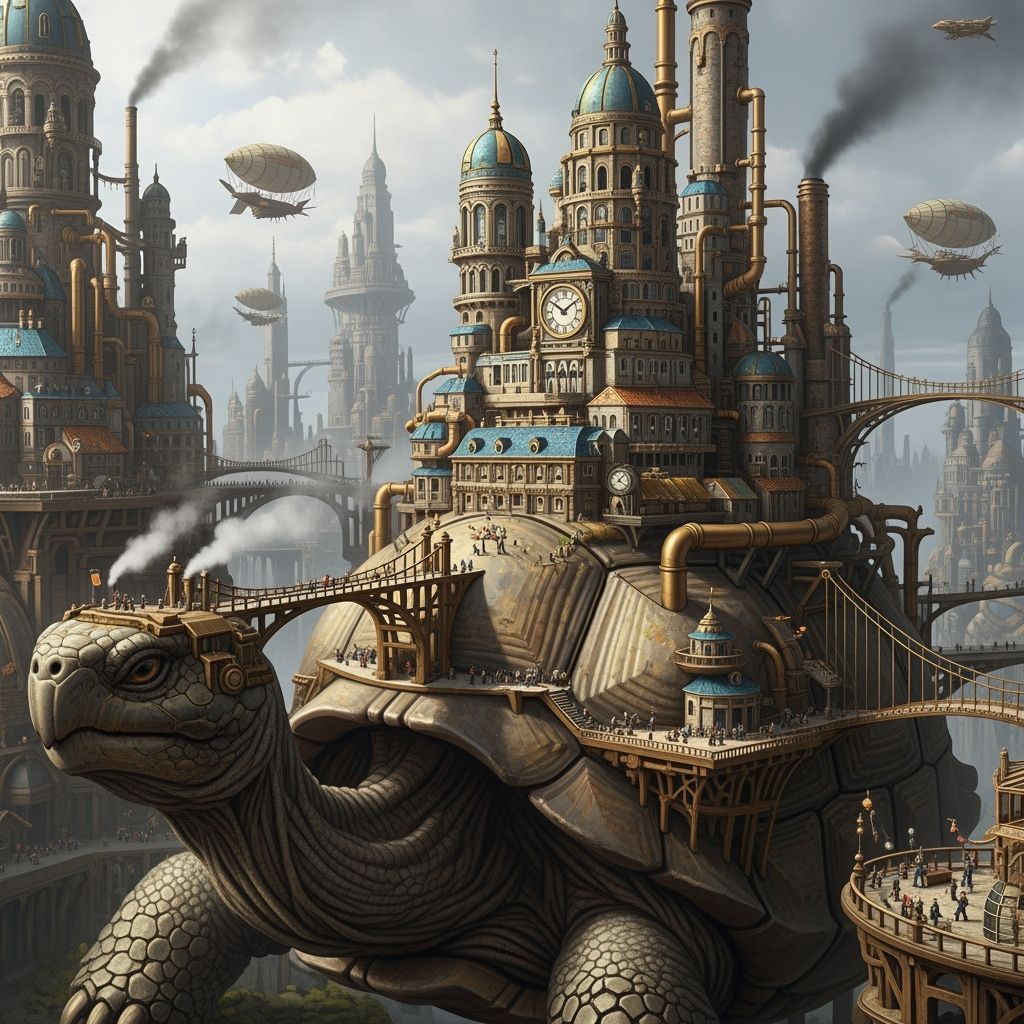 Highly Creative. A bustling steampunk city built entirely on the back of a colossal, ancient tortoise, with intricate clockwork mechanisms a...