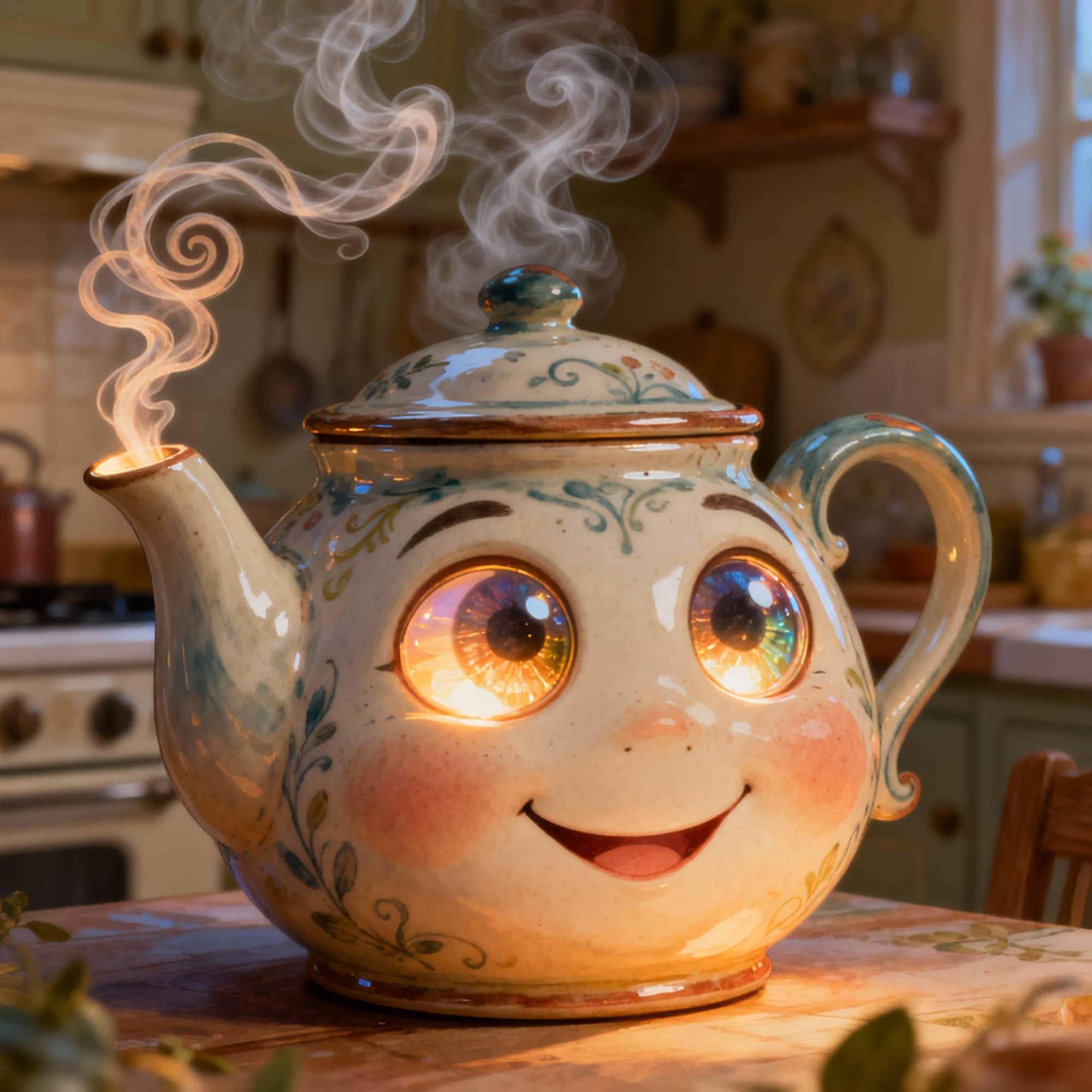 A smiling teapot with exaggerated glass eyes.
Steam curls into shapes above its spout.
Its cheeks glow softly in kitchen light.