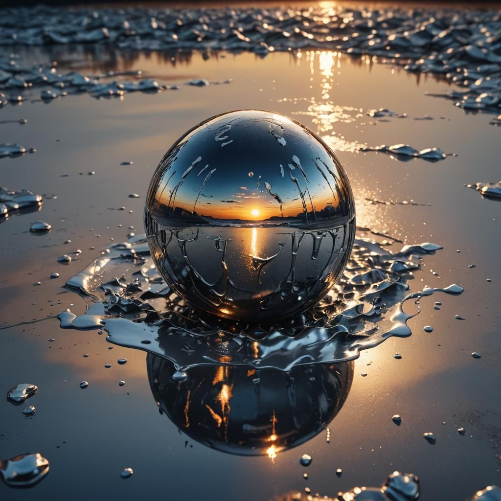 A melting silver sphere, dripping silver on the floor. Background is a sunset with a golden vibrant sun ...  by @CreatieX