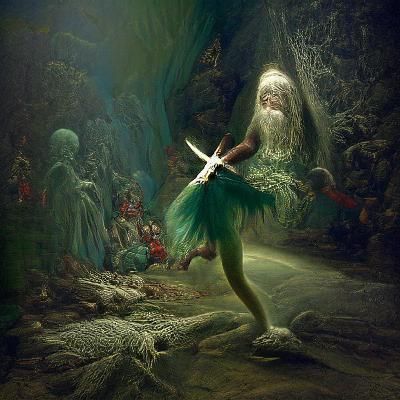 Elf with a magic dagger running from the queen of fairies in...