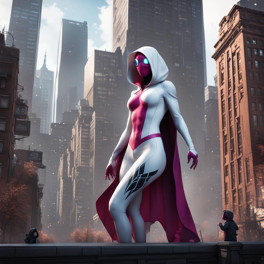 Spider-Gwen, with hood and mask, depicted as a colossal giant woman,  towering over buildings in a city, with tiny people looking up at her - AI  Generated Artwork - NightCafe Creator