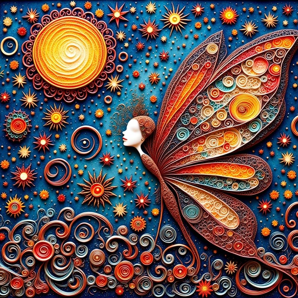 <lora:Zentangled:1.0>
Glowing Zentangle Fairy with intricate tiny circles and Horror fire swirls. By van gogh. Colourful. Retro shapes. Star...