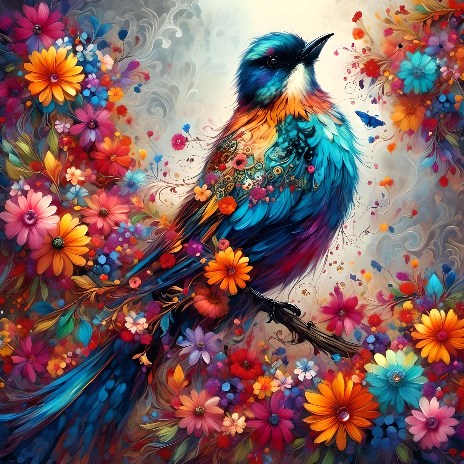 <lora:HRH-colourful:1.0> Beautiful colourful song bird made from bright shiny petals and colourful flowers,hyper detailed