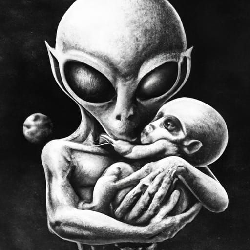 Alien holding an alien baby in an apocalypse hyperdetailed c...