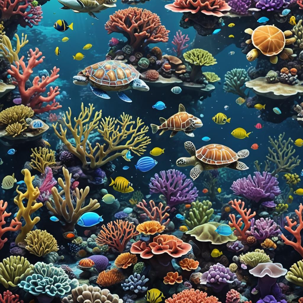 Colorful coral reefs with fish, seahorses and sea turtles.