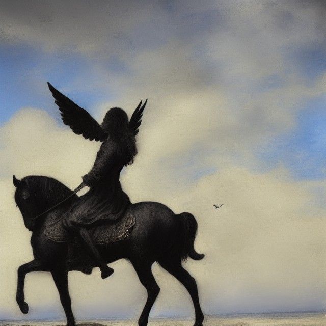Black Angel on white horse on beach "Rembrandt style"