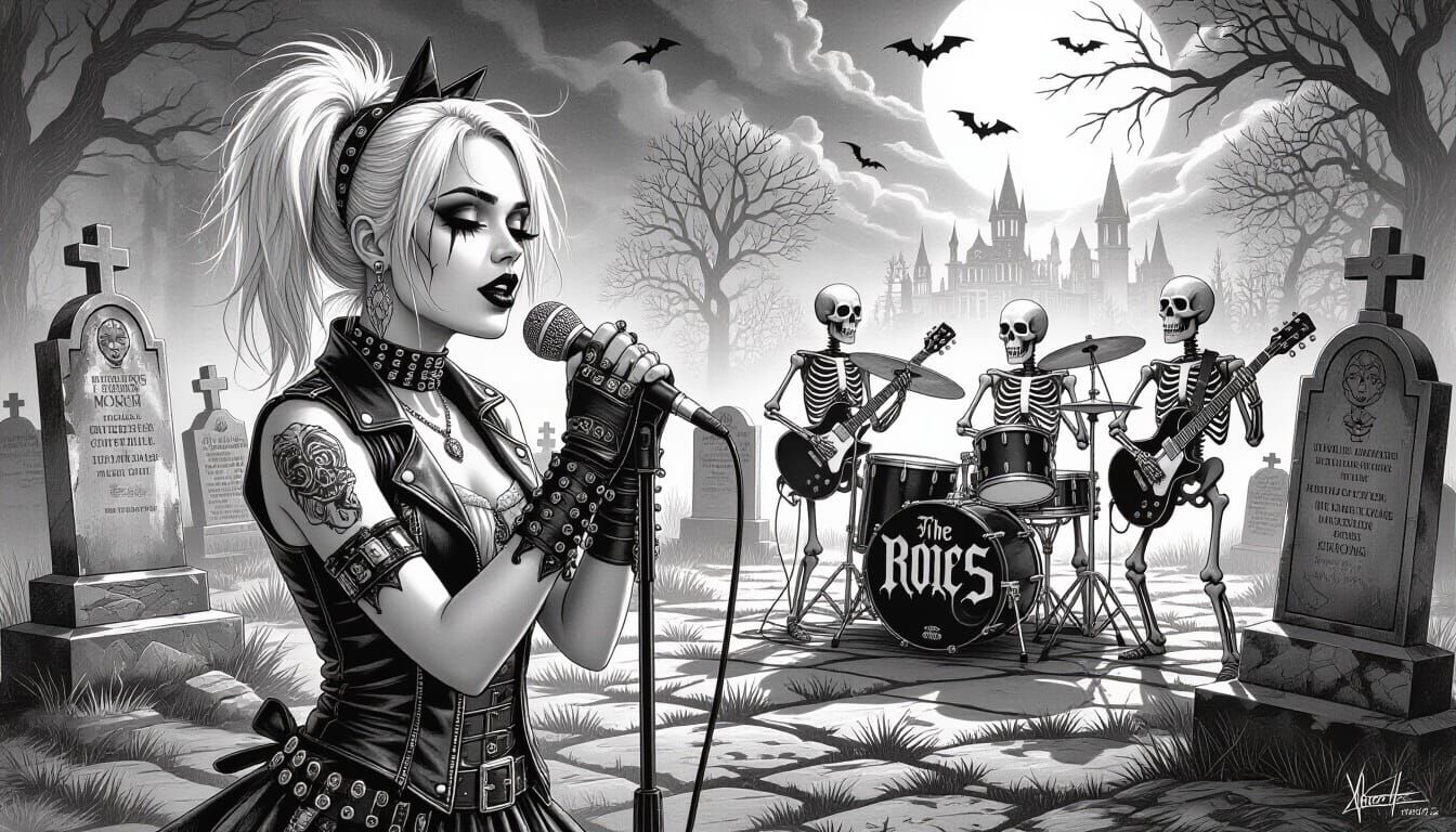 Monochromatic Gothic Sketch: Punk Singer in Haunted Cemetery