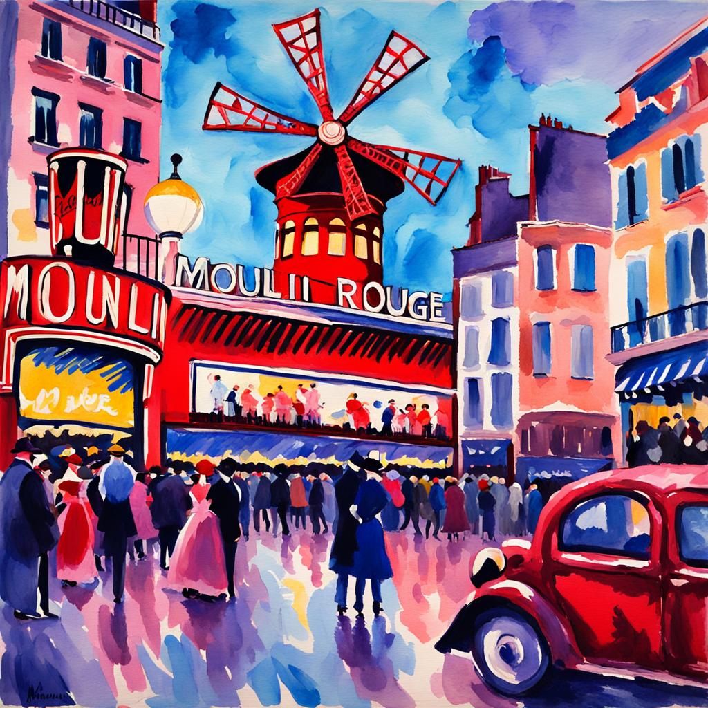 Moulin Rouge, can-can, lavender blue in Gouache Style, Water...