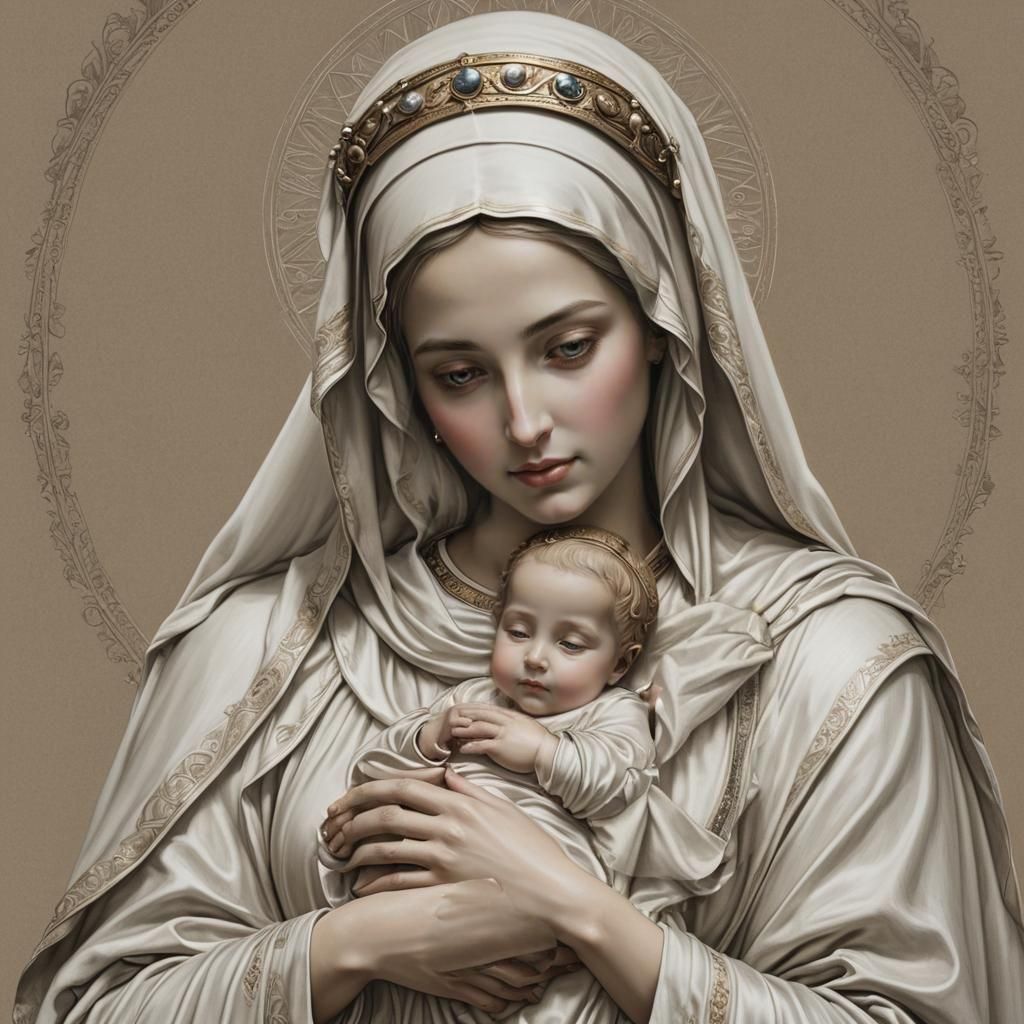 Prompt:
A highly detailed and realistic drawing of the Virgin Mary holding the infant Jesus. The 
Virgin Mary should have a serene and lovin...