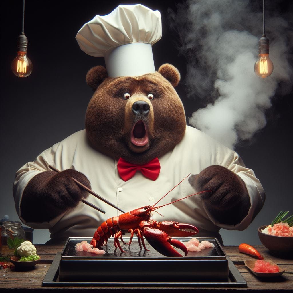 Asian Hibachi Chef Obese Bear thinks the lobster moved!