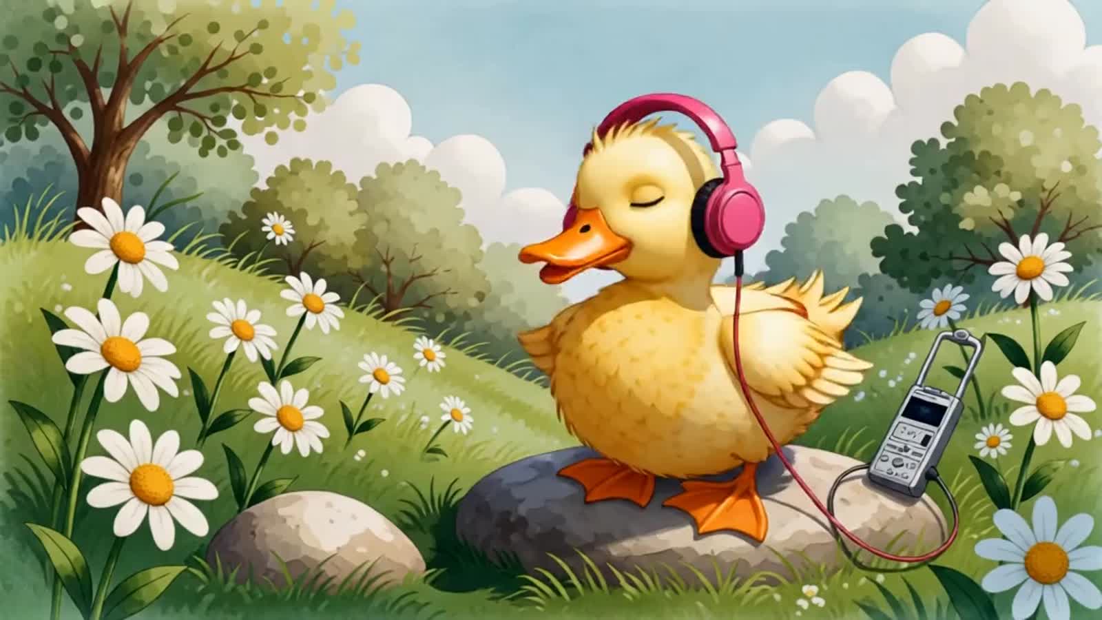 A duck wearing headphones listening to her favourite song