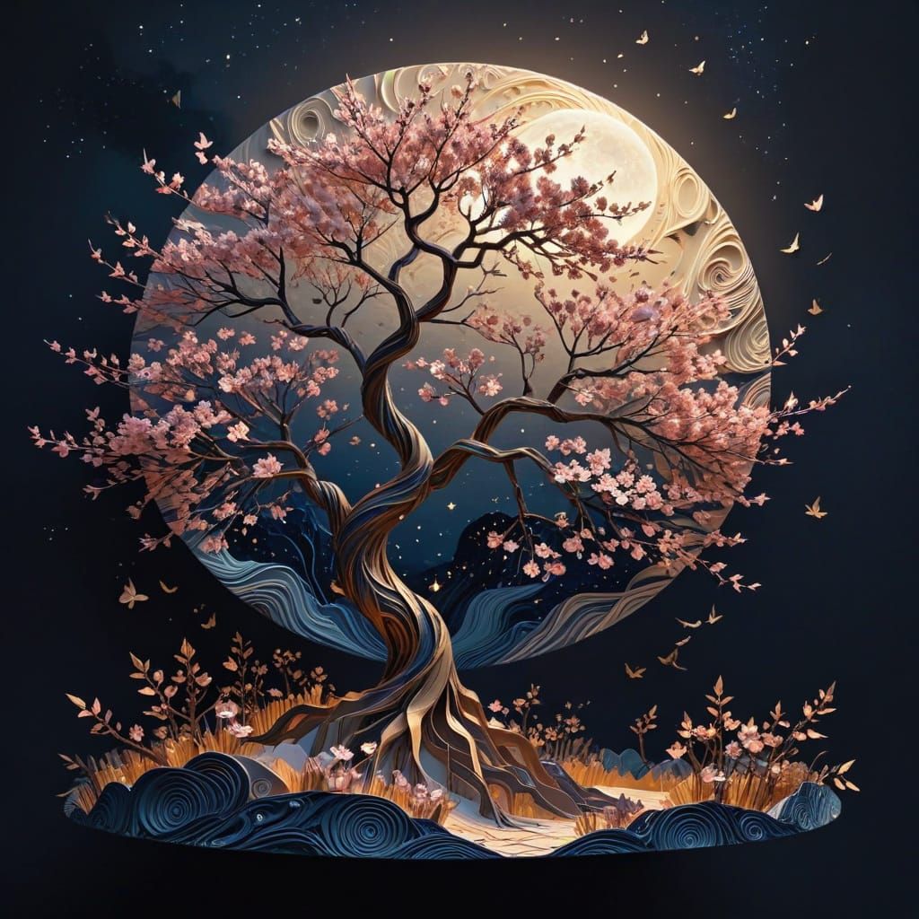 Surreal Origami Cherry Blossom Under Full Moonlit Night Sky