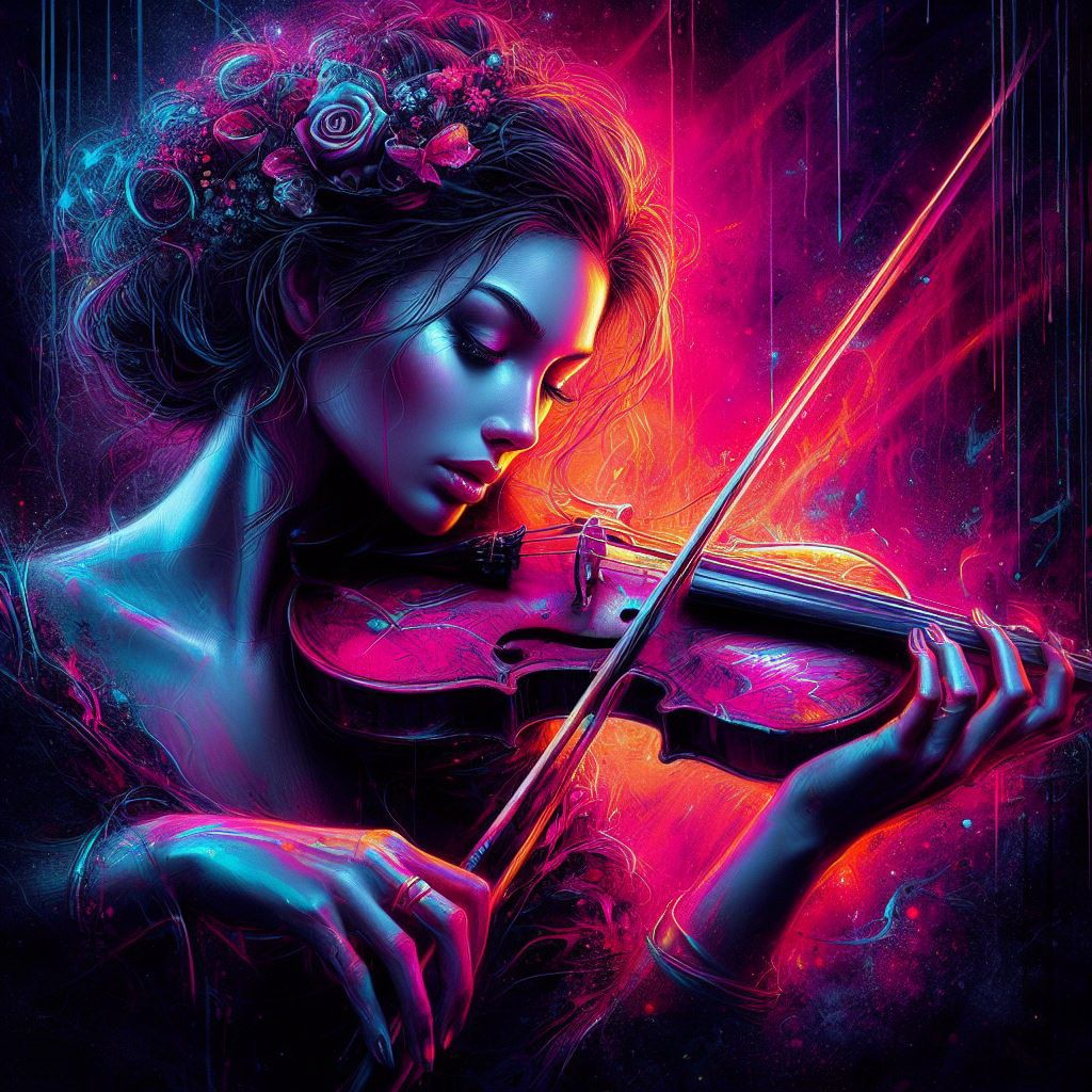 Digital Neon Portrait of a Woman Playing Violin